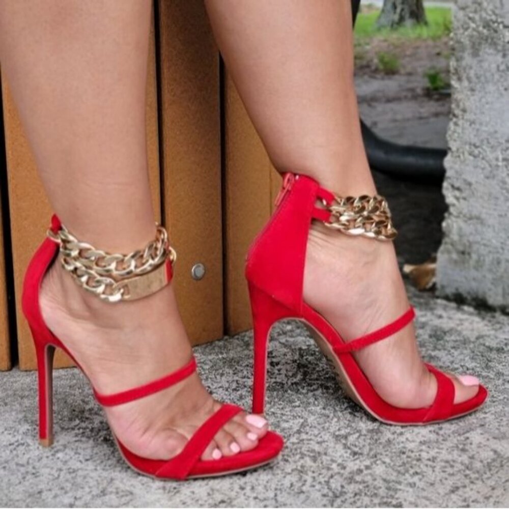 Women's Red Stiletto Two Part Heeled Sandals Rear Zipper Dual Gold Ankle Chain - Picture 2 of 7